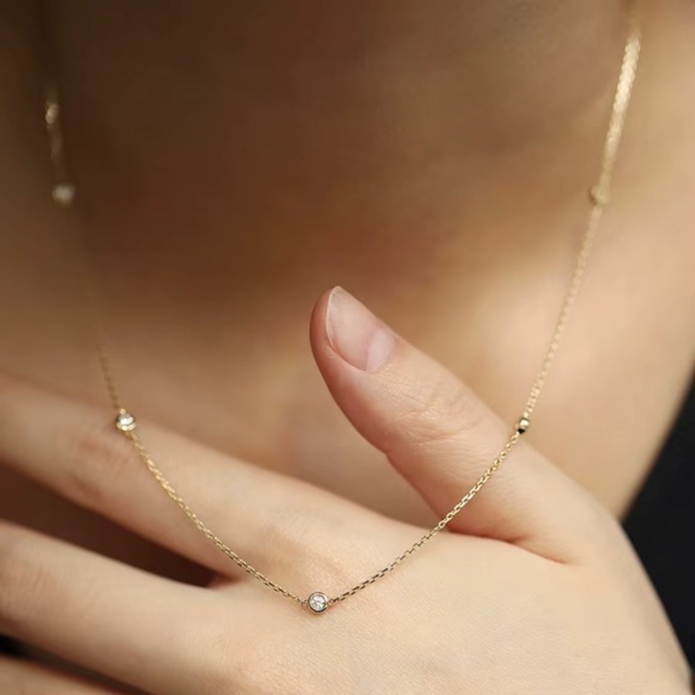 925 Sterling Silver Bezel Station Necklace 4mm CZ Gold Tone 16-18 Inch